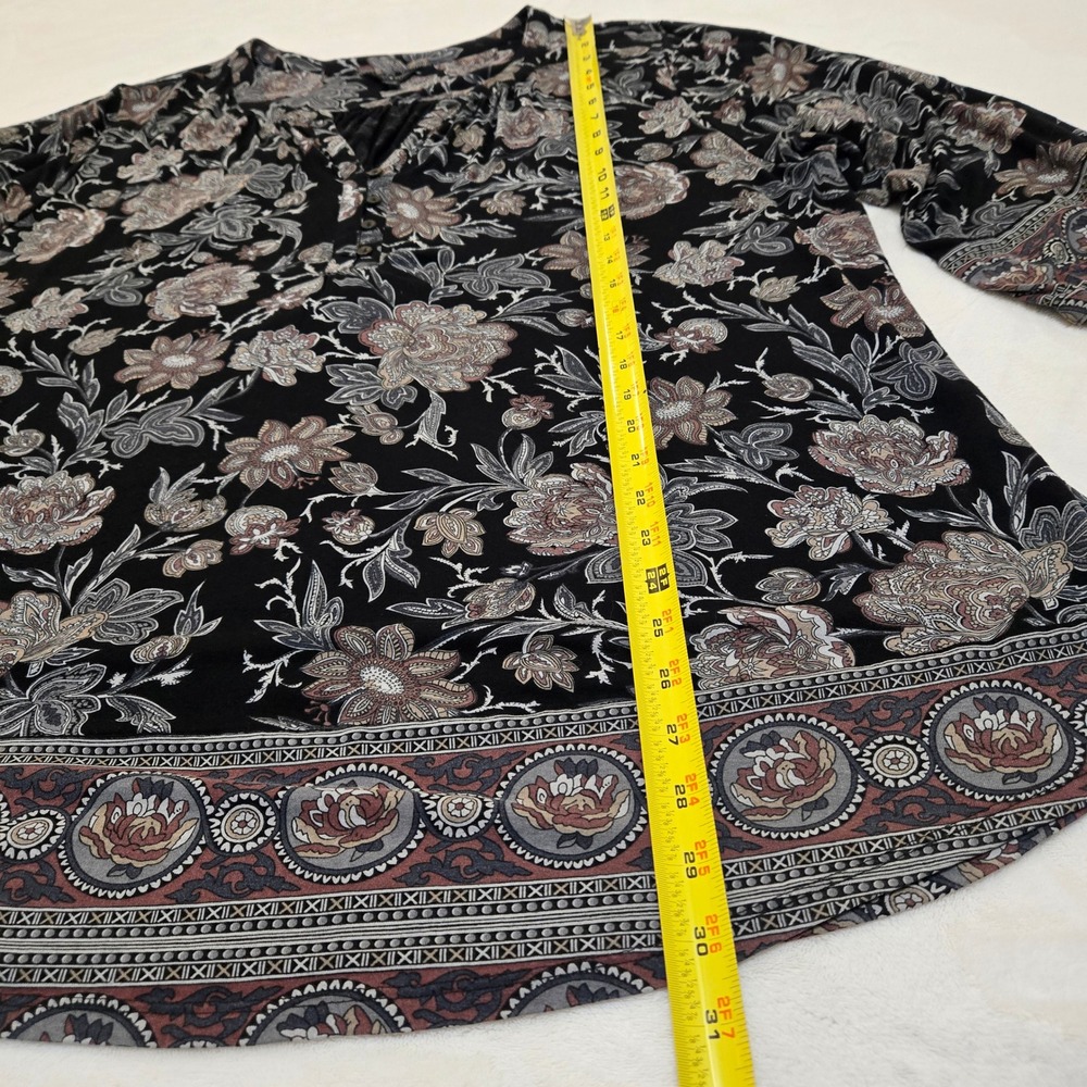 Lucky Brand Womens 3X Floral Henley Tunic Top 3/4 Sleeve Black Boho Viscose‎ - Picture 2 of 16